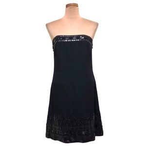 NWT Badgley Mischka Dress Size 6 Black Silk Brown Leather Patchwork Beaded